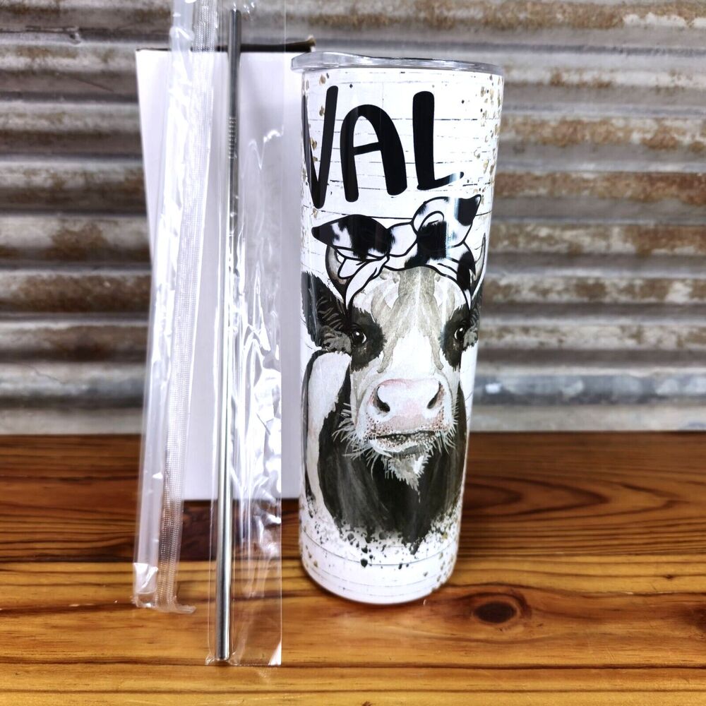 Cow Print 20oz Tumbler "VAL" - "Valerie" Personalized Cow Cup New- 2 straws